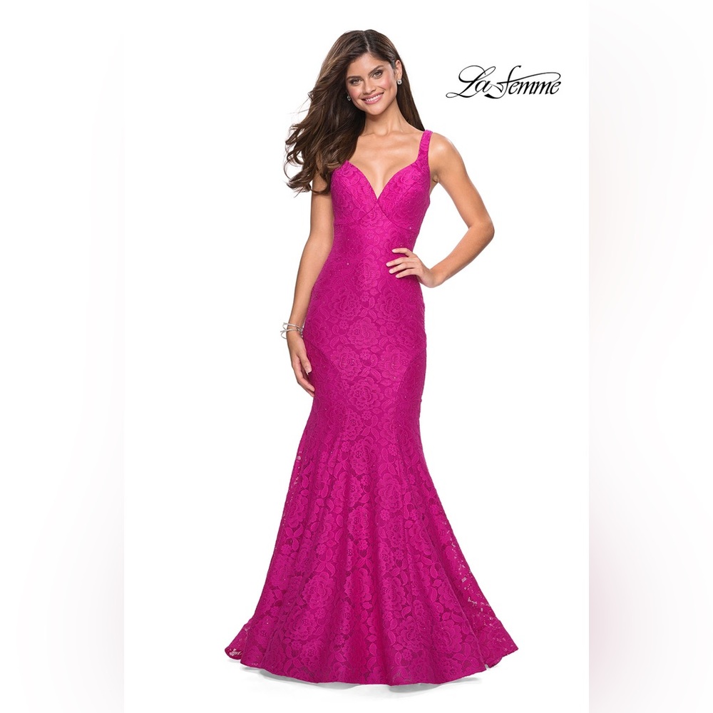La Femme 27623 Hot Pink Strappy Back Lace Gown 2